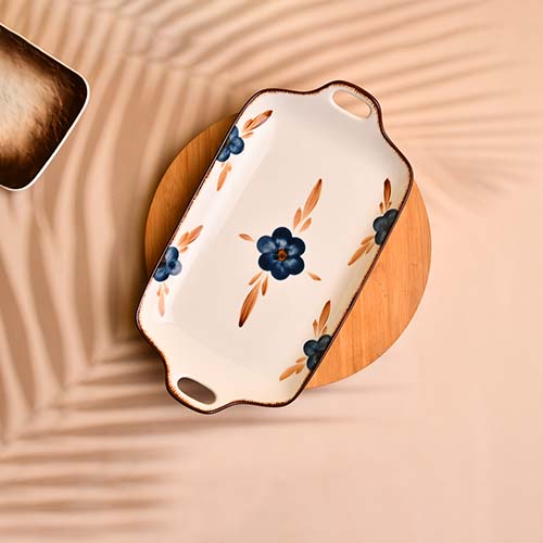 Ceramic Platter with handle Blue flower print